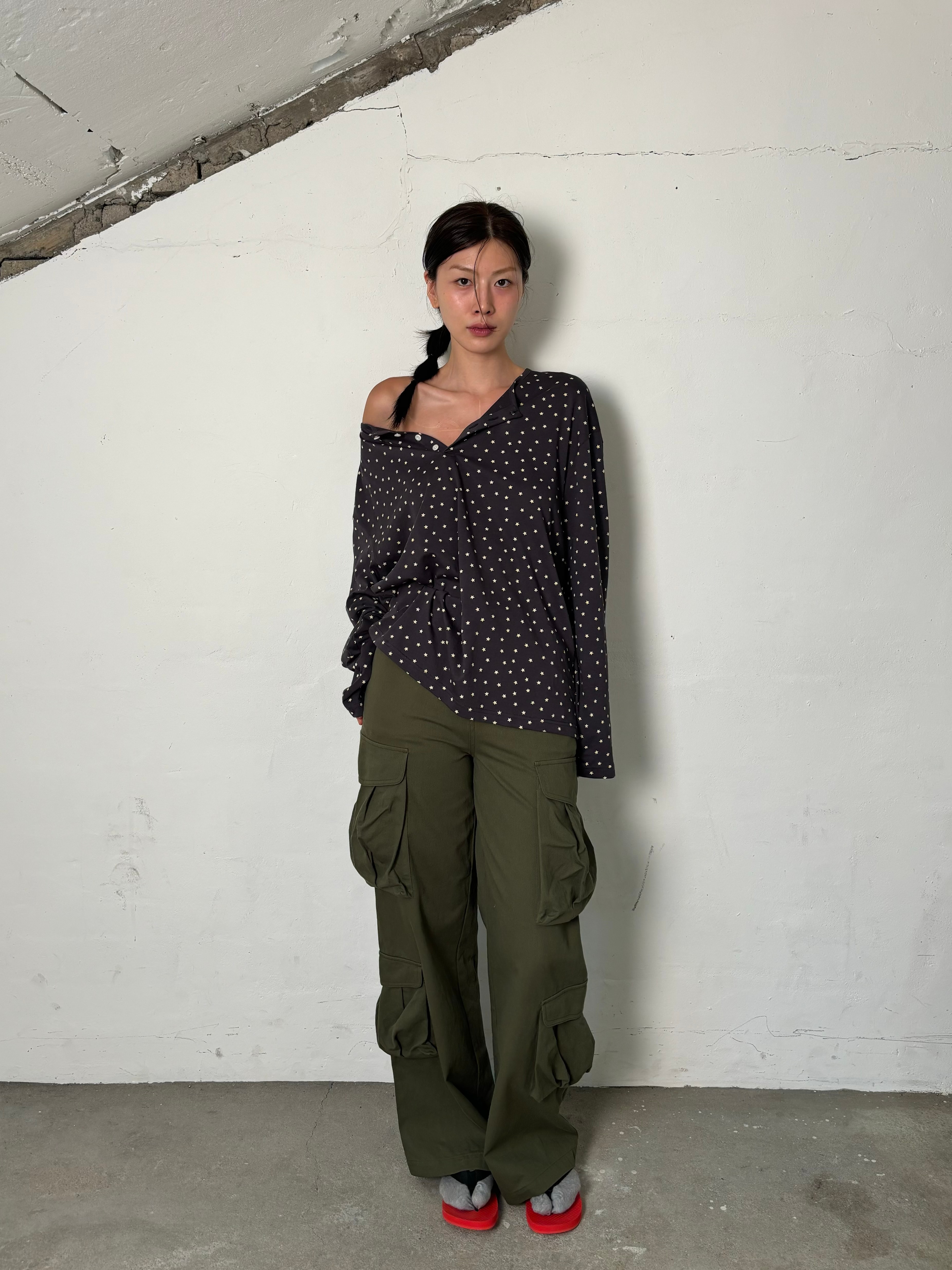 Pattern button t-shirts(Charcoal)