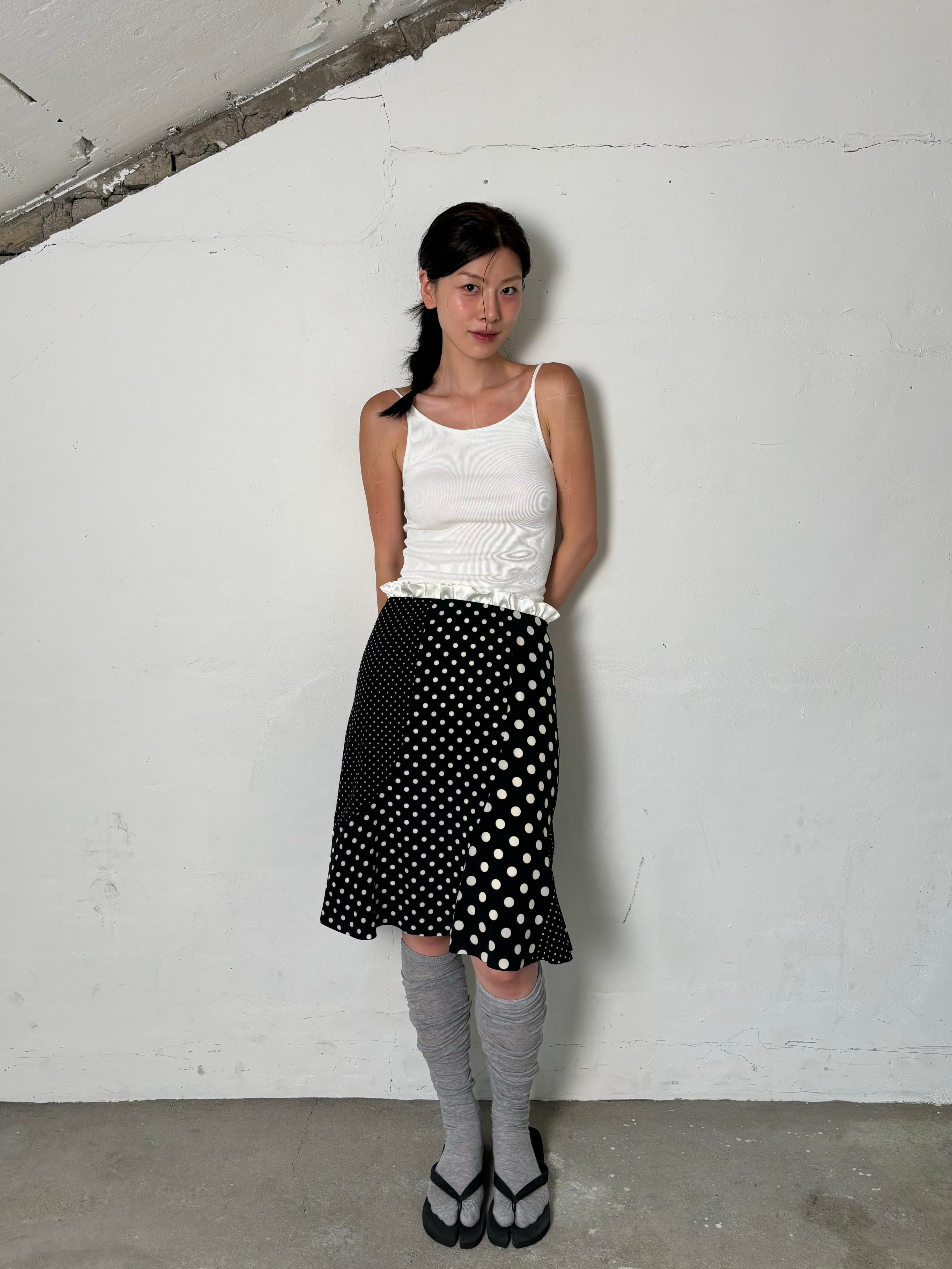 Dot patchwork frill skirt(Black)