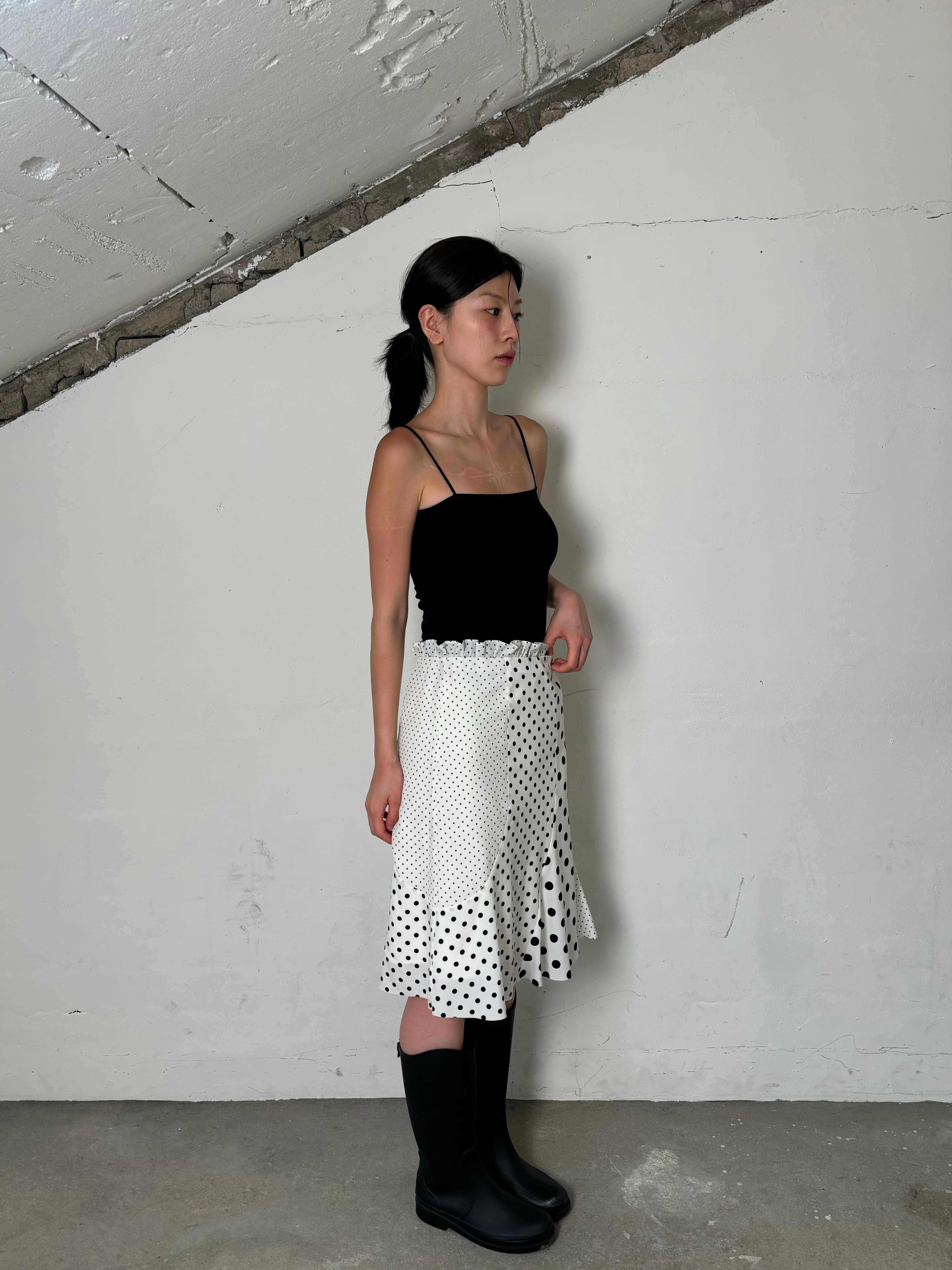 Dot patchwork frill skirt(Ivory)
