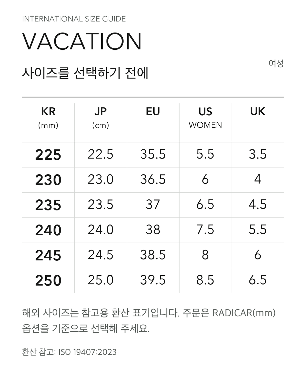 VACATION 사이즈 참고표