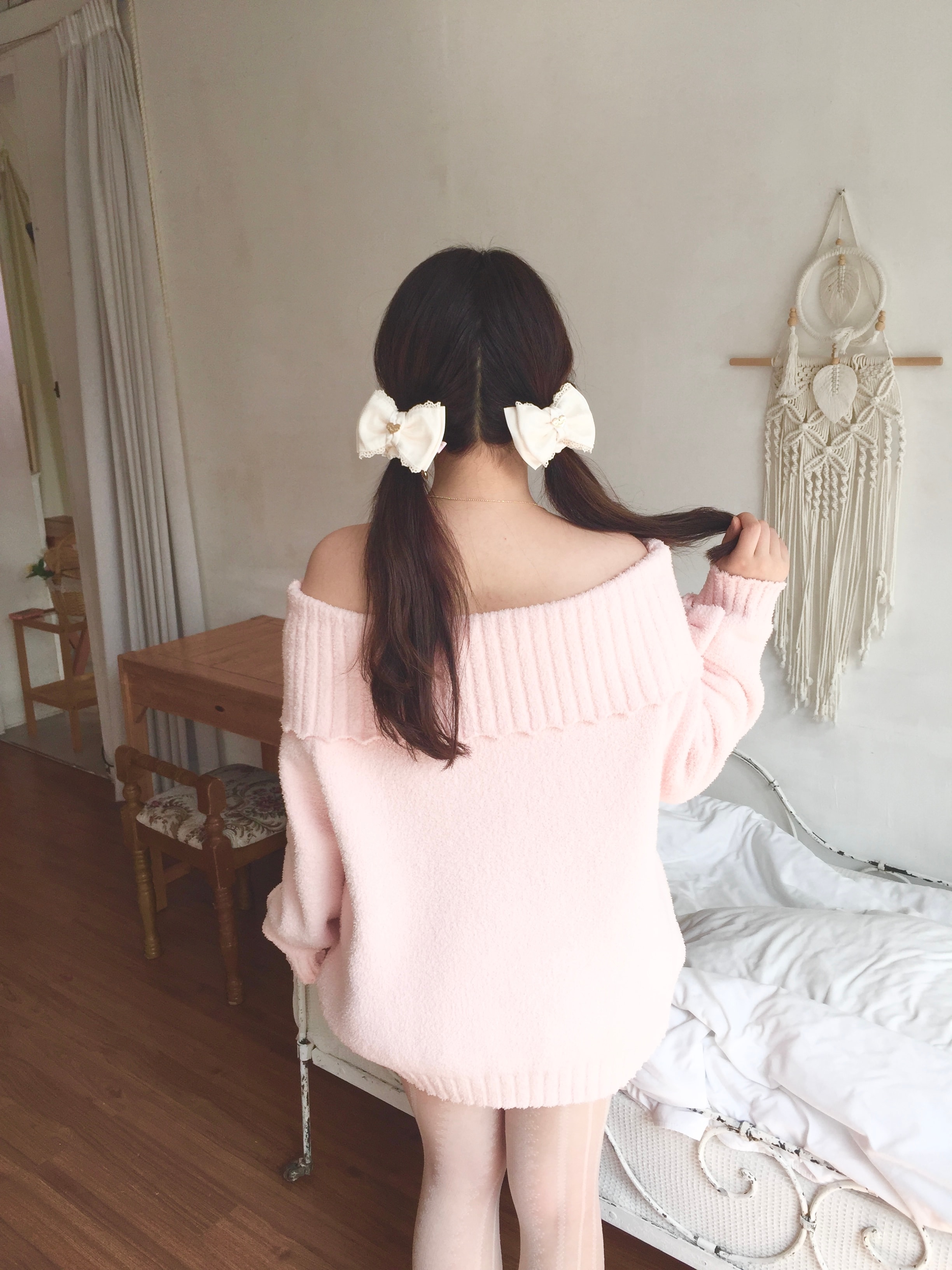 아이보리 리본 슈슈 스크런치