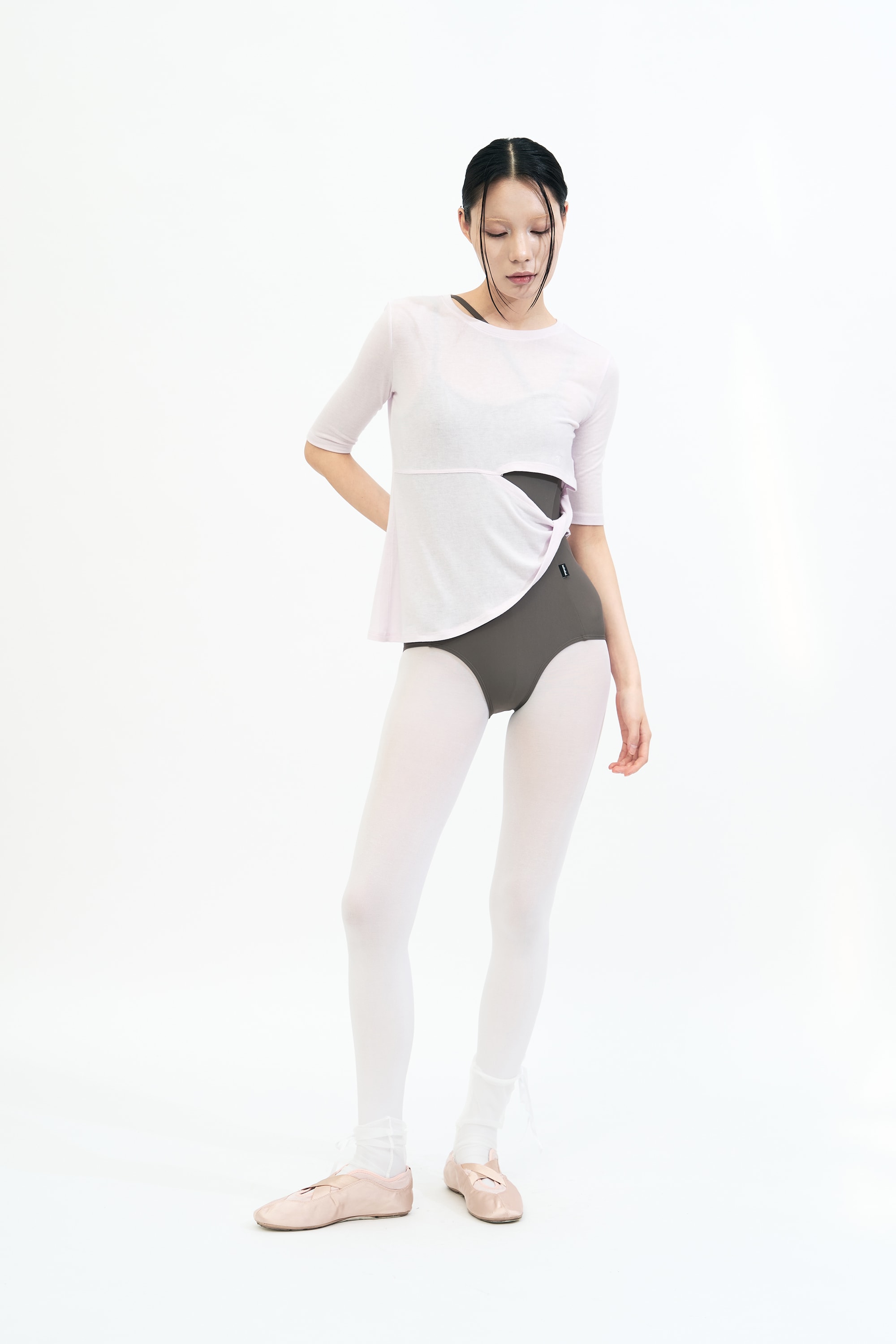 Cut Out Twist 3/4 Sleeve Tee _ PINK