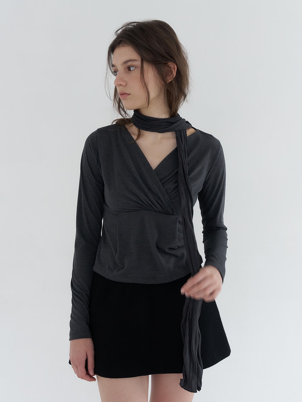 SCARF SET LONG SLEEVE TOP_CHARCOAL