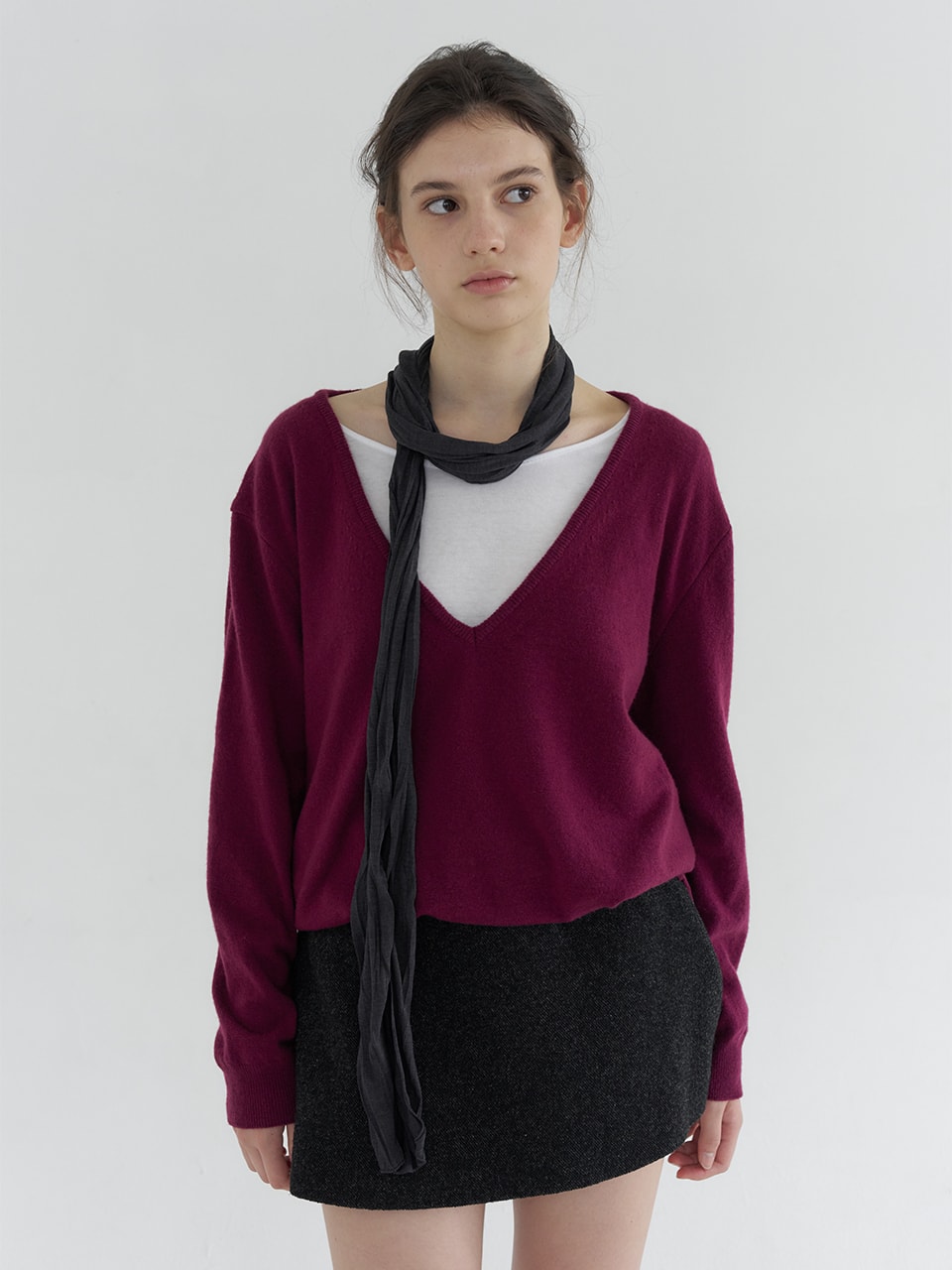 DEEP V-NECK STRING WOOL BLENDED KNIT_GRAPE