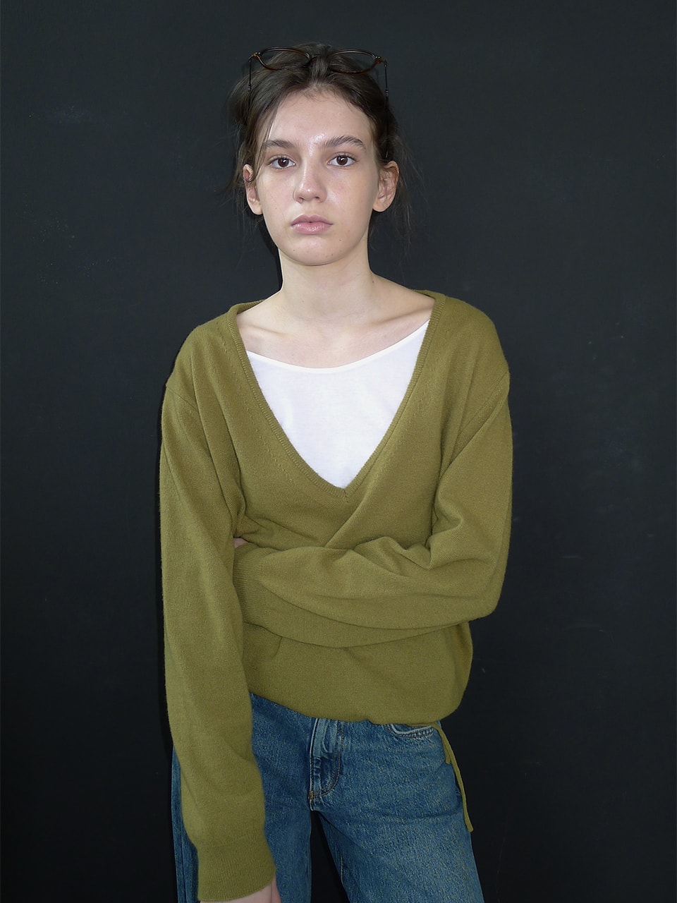 DEEP V-NECK STRING WOOL BLENDED KNIT_OLIVE GREEN