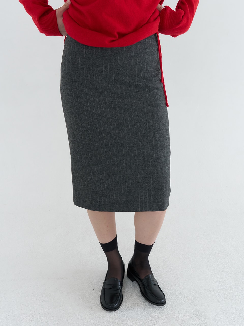 STRIPE MIDI SKIRT_CHARCOAL