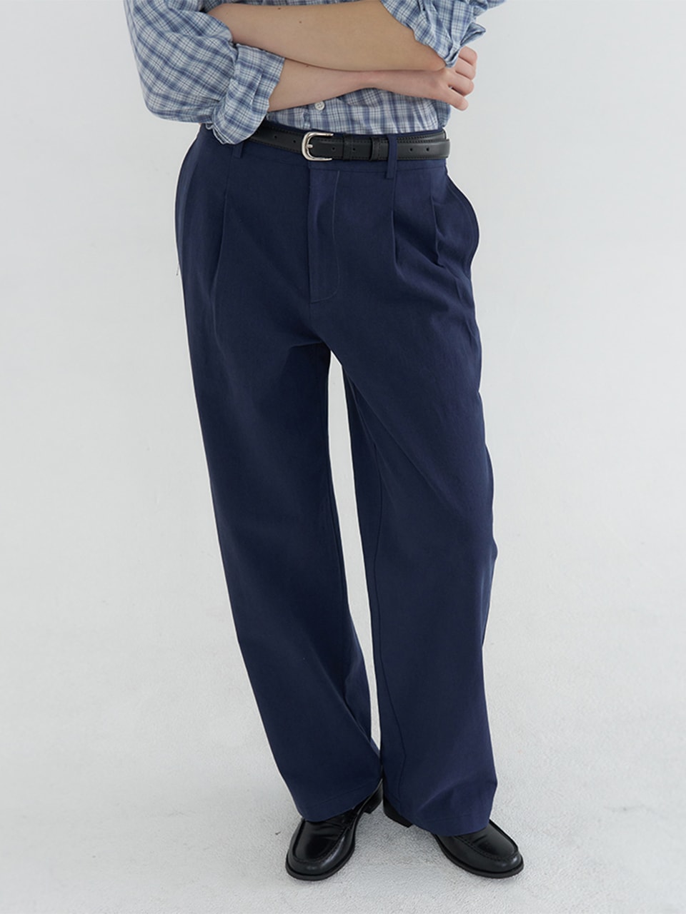 TUCK DETAIL WIDE COTTON PANTS_NAVY