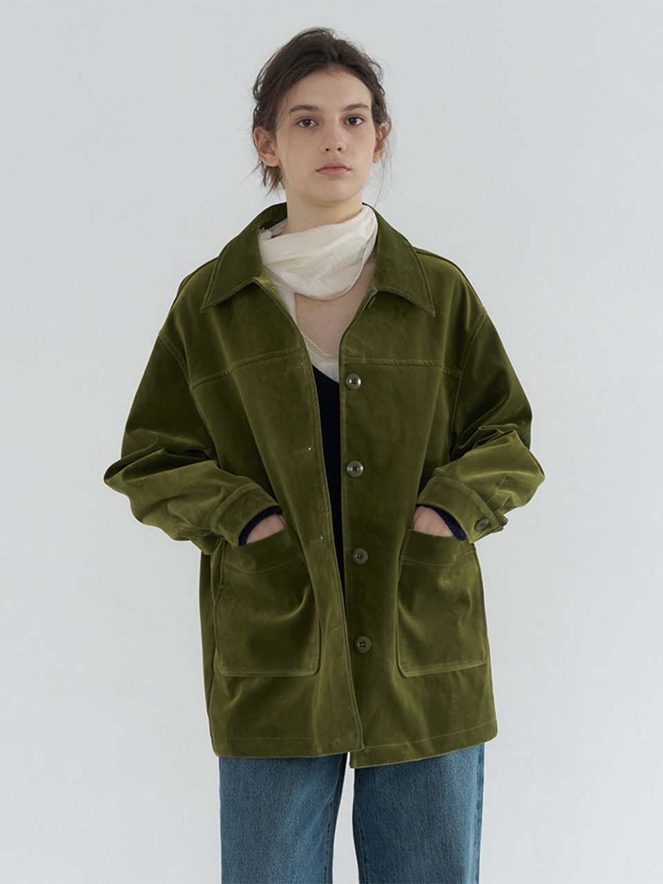 COTTON VELVET POCKET POINT HALF COAT_KHAKI