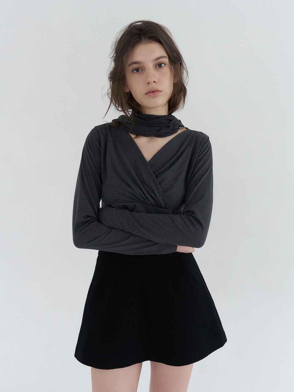 SCARF SET LONG SLEEVE TOP_CHARCOAL