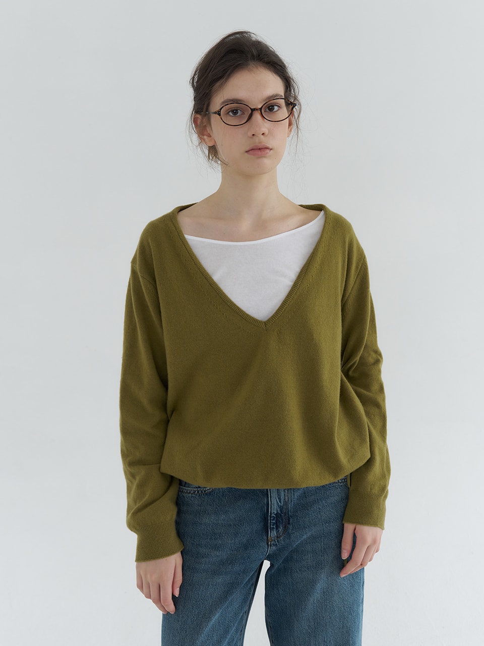 DEEP V-NECK STRING WOOL BLENDED KNIT_OLIVE GREEN