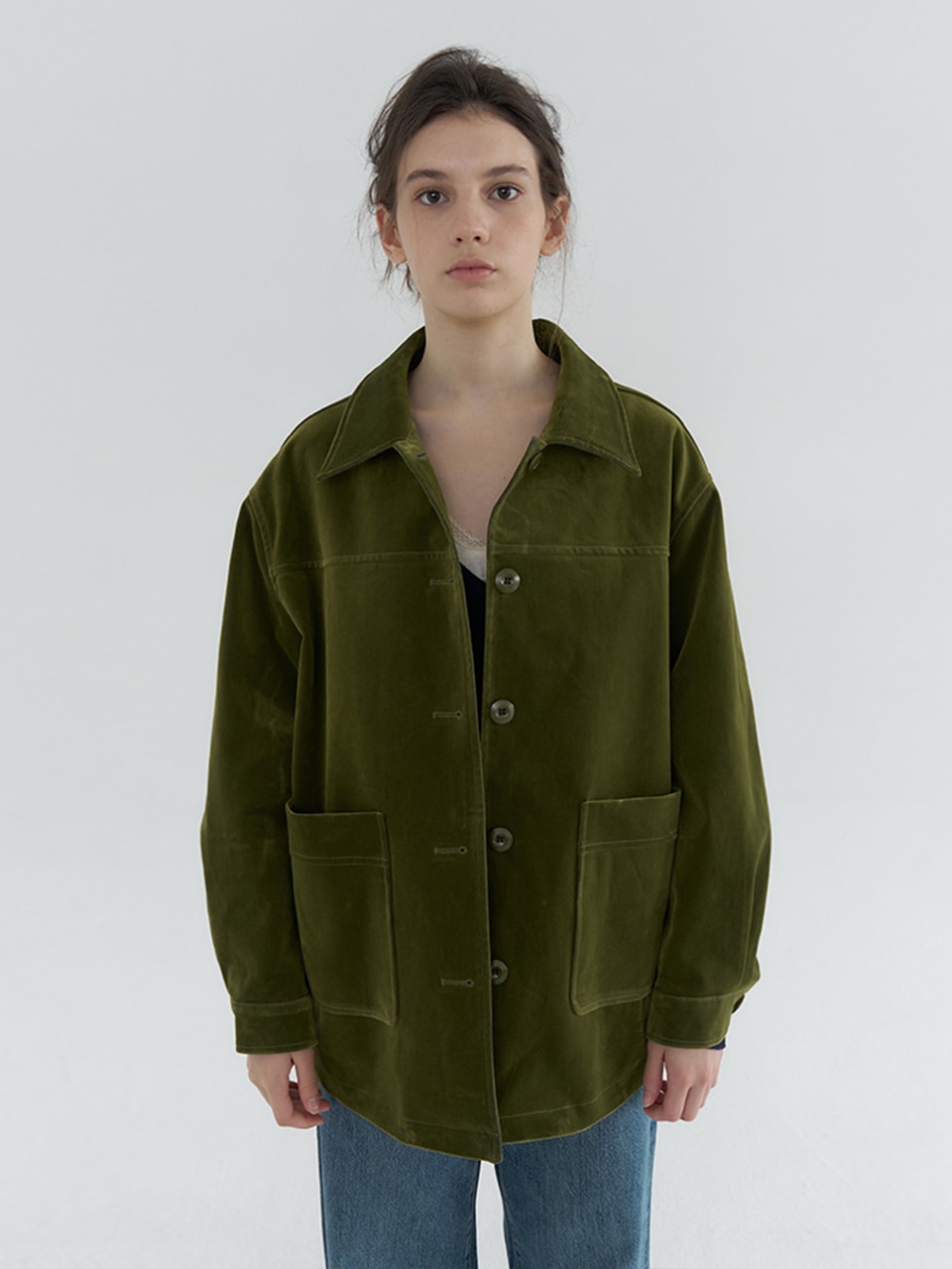 COTTON VELVET POCKET POINT HALF COAT_KHAKI