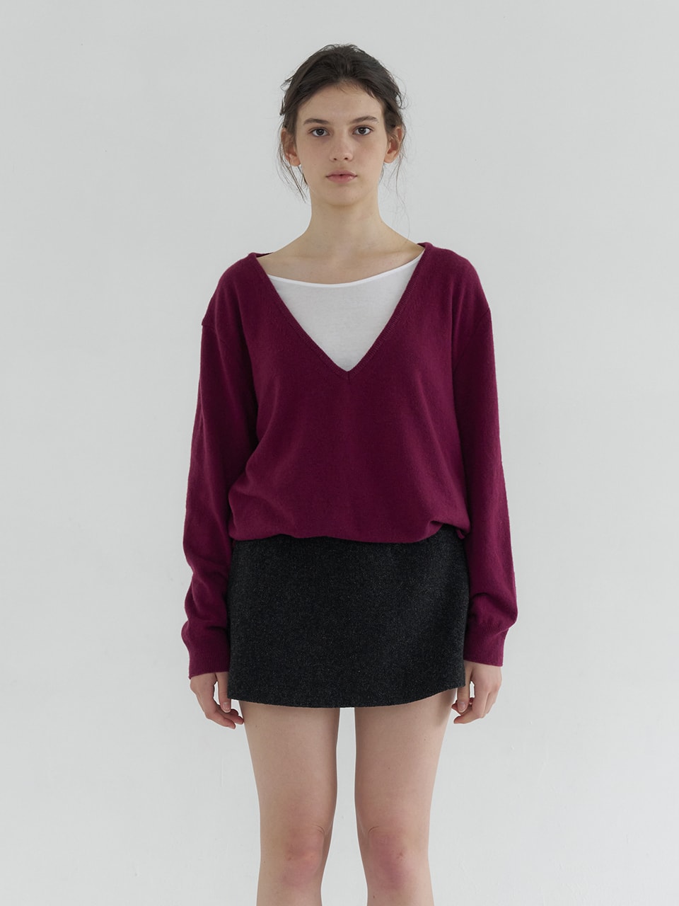DEEP V-NECK STRING WOOL BLENDED KNIT_GRAPE
