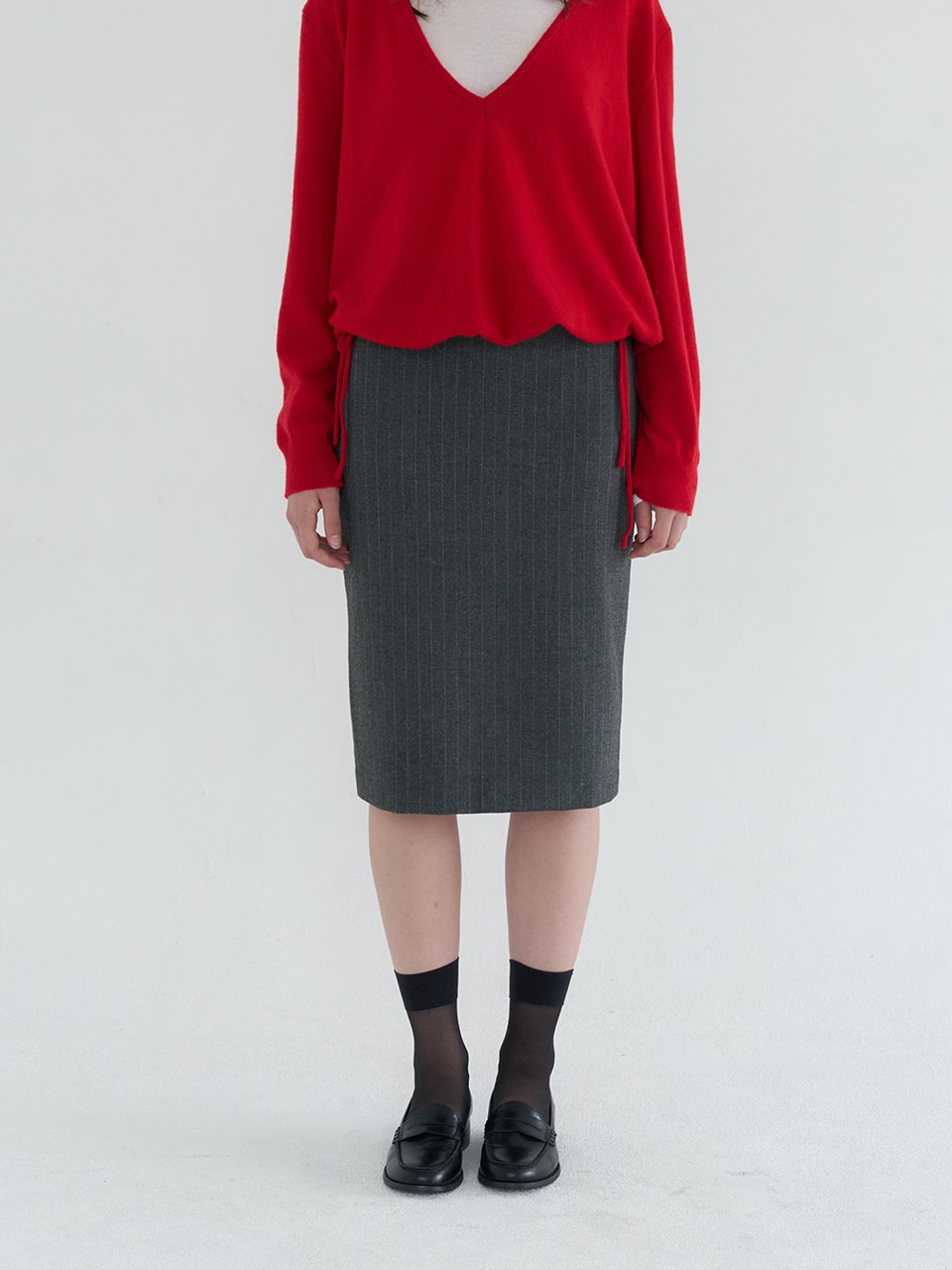 STRIPE MIDI SKIRT_CHARCOAL