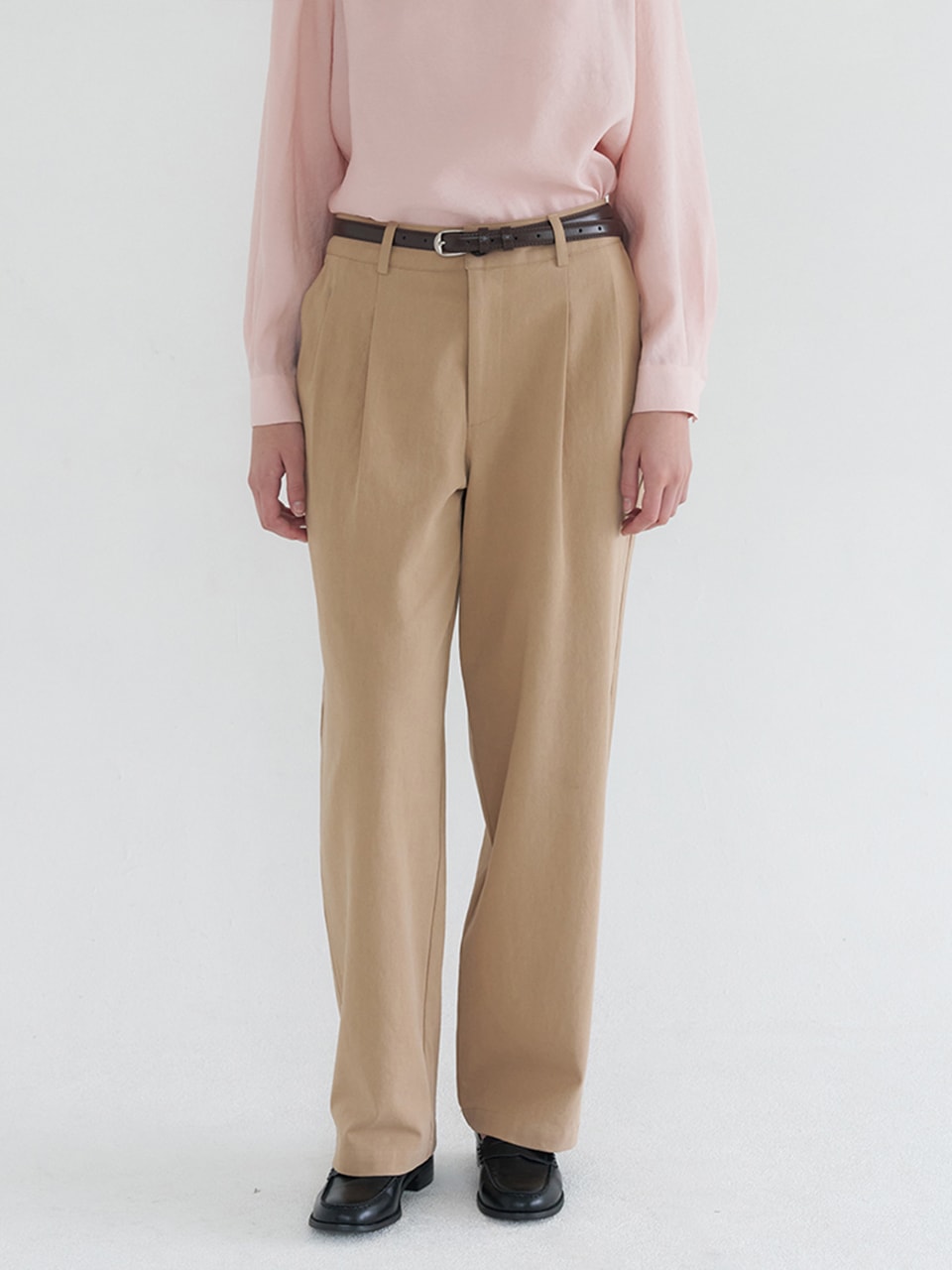TUCK DETAIL WIDE COTTON PANTS_BEIGE