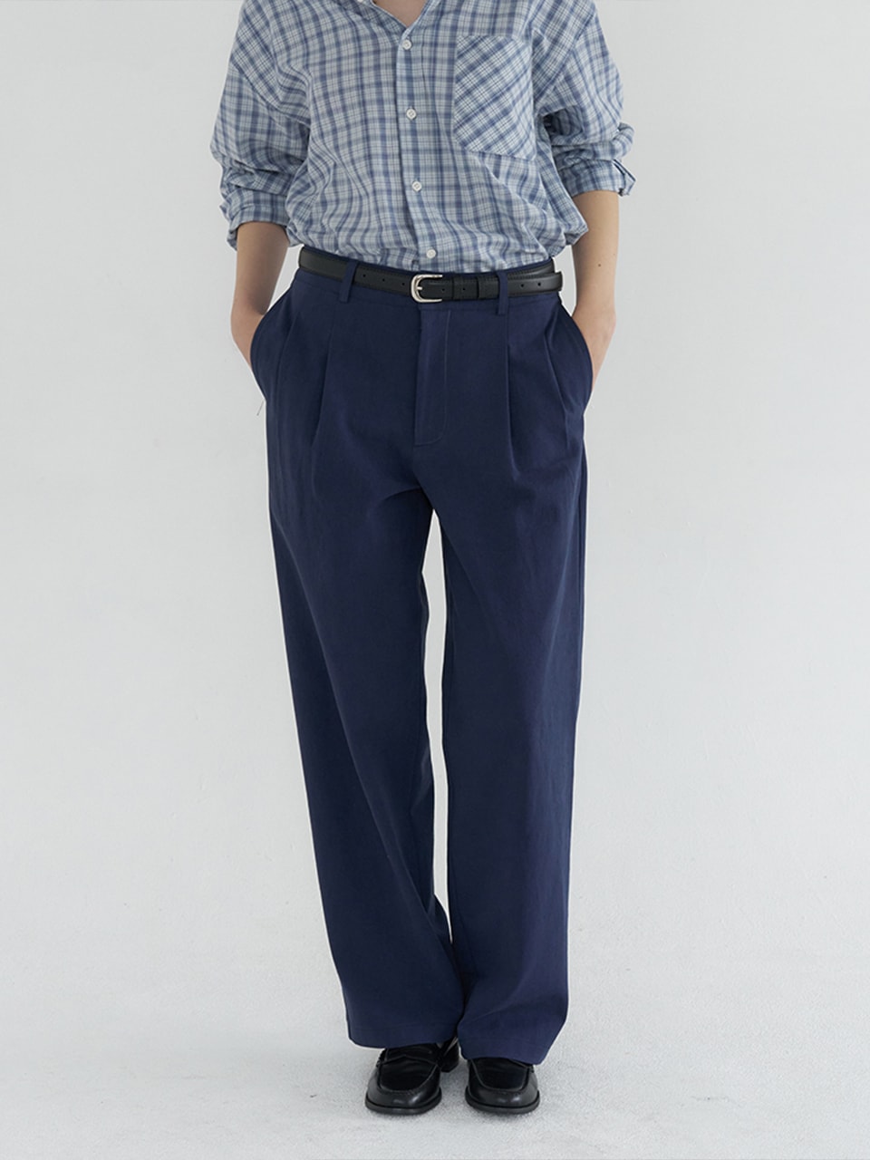 TUCK DETAIL WIDE COTTON PANTS_NAVY
