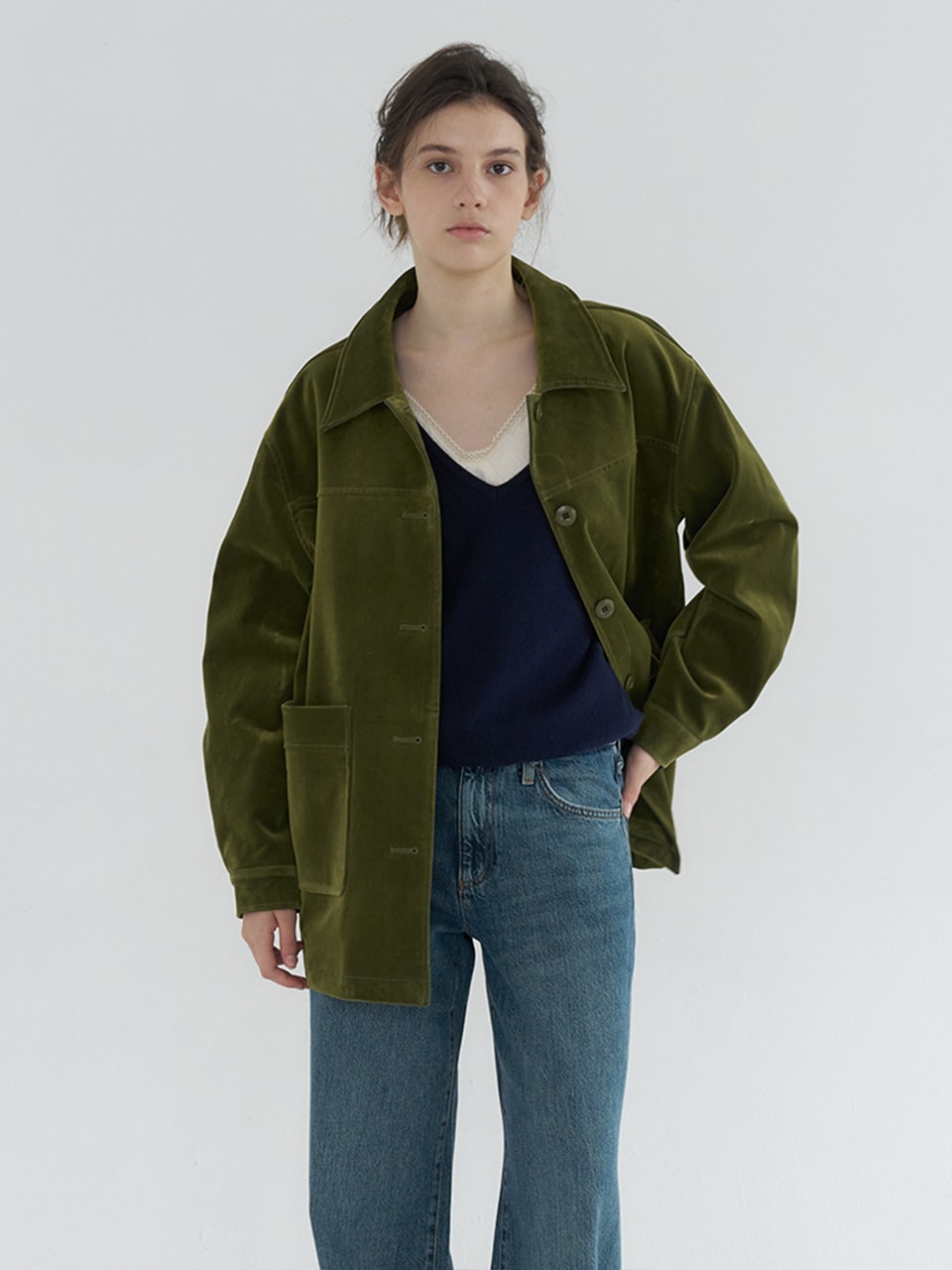 COTTON VELVET POCKET POINT HALF COAT_KHAKI