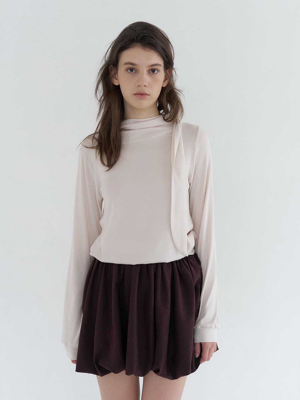 DRAPE RIBBON NECK T-SHIRT_2COLOR