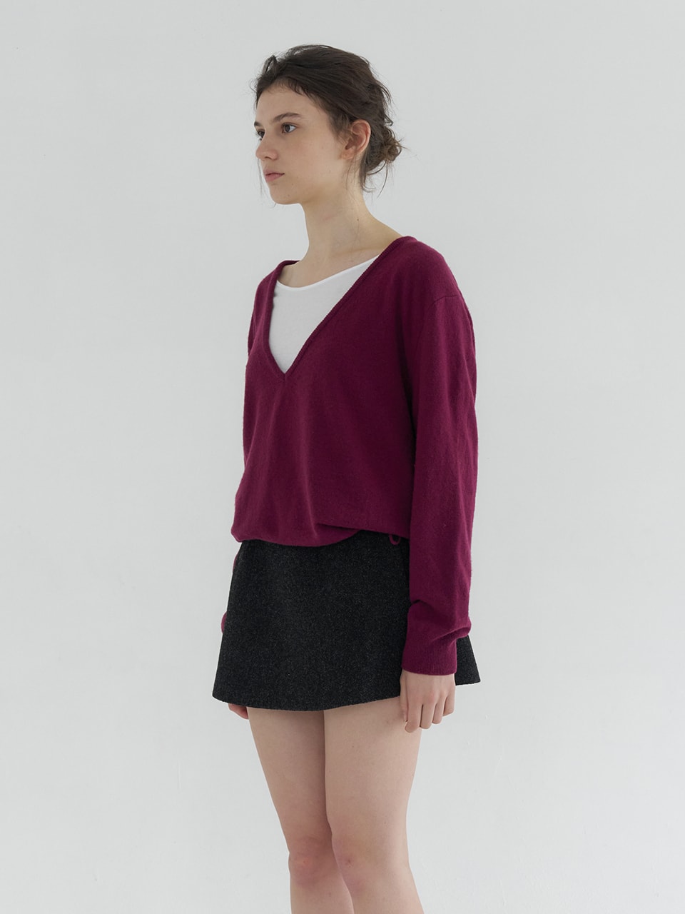 DEEP V-NECK STRING WOOL BLENDED KNIT_GRAPE