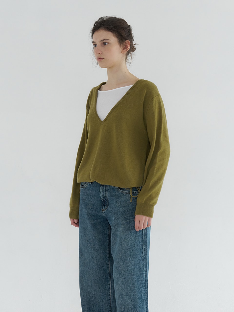 DEEP V-NECK STRING WOOL BLENDED KNIT_OLIVE GREEN