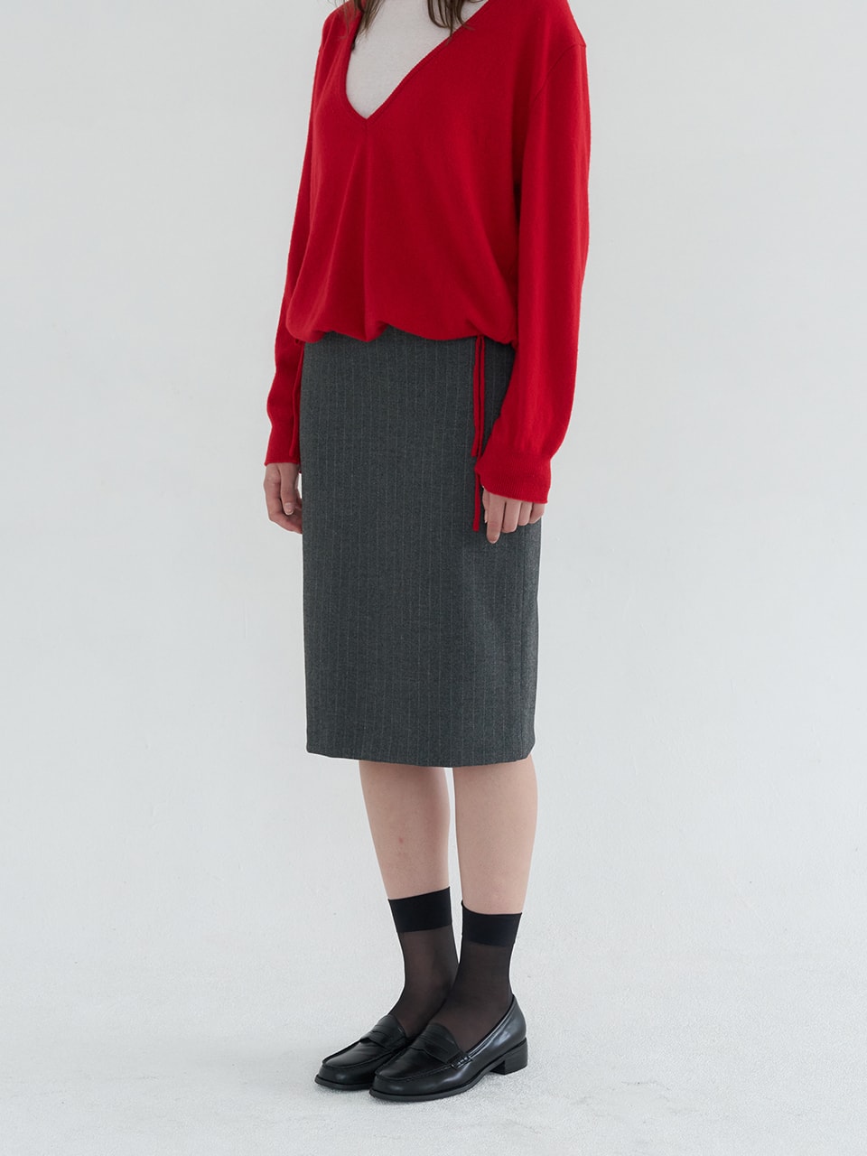 STRIPE MIDI SKIRT_CHARCOAL
