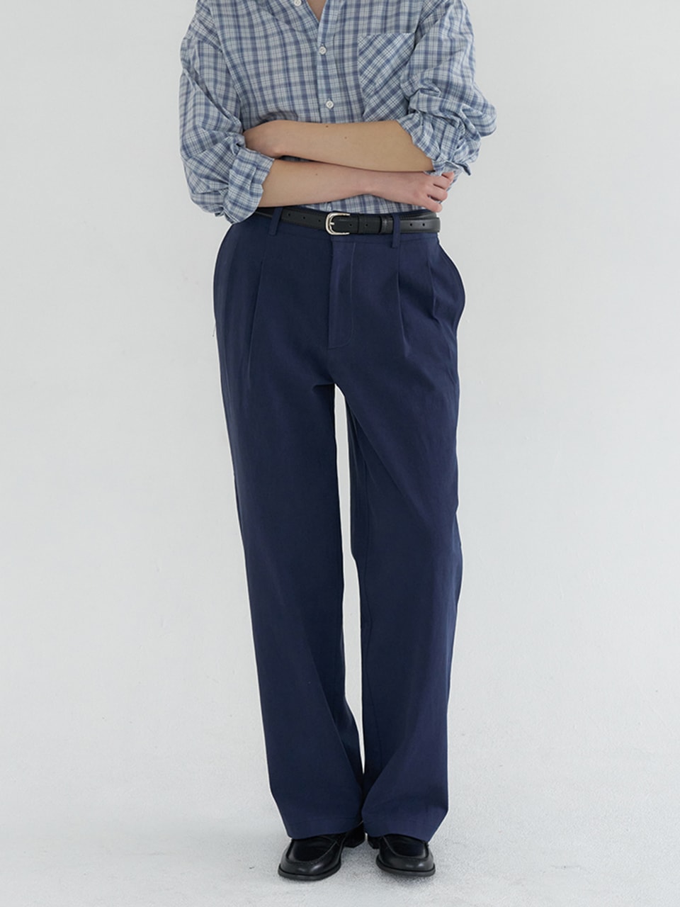 TUCK DETAIL WIDE COTTON PANTS_NAVY