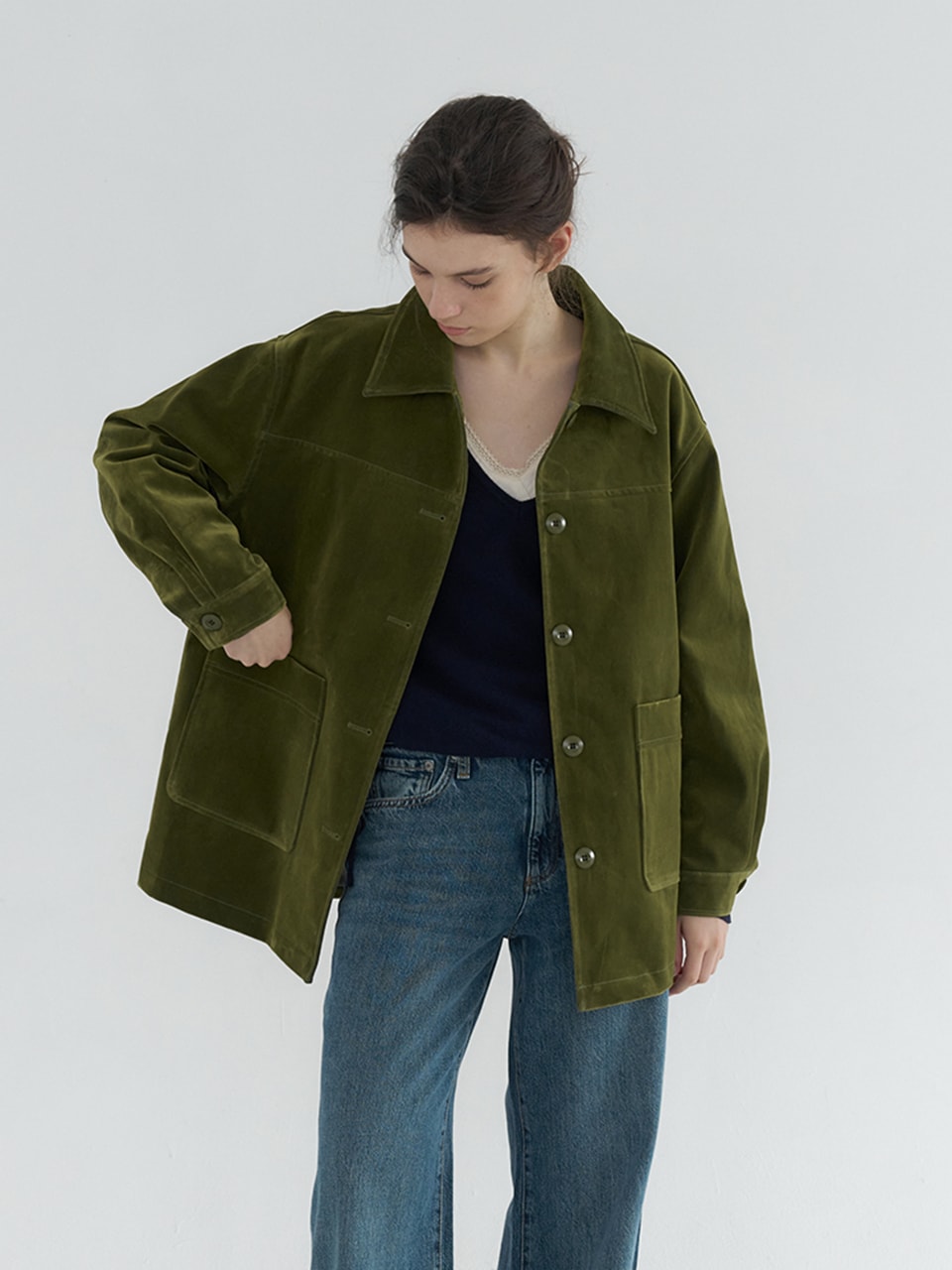 COTTON VELVET POCKET POINT HALF COAT_KHAKI
