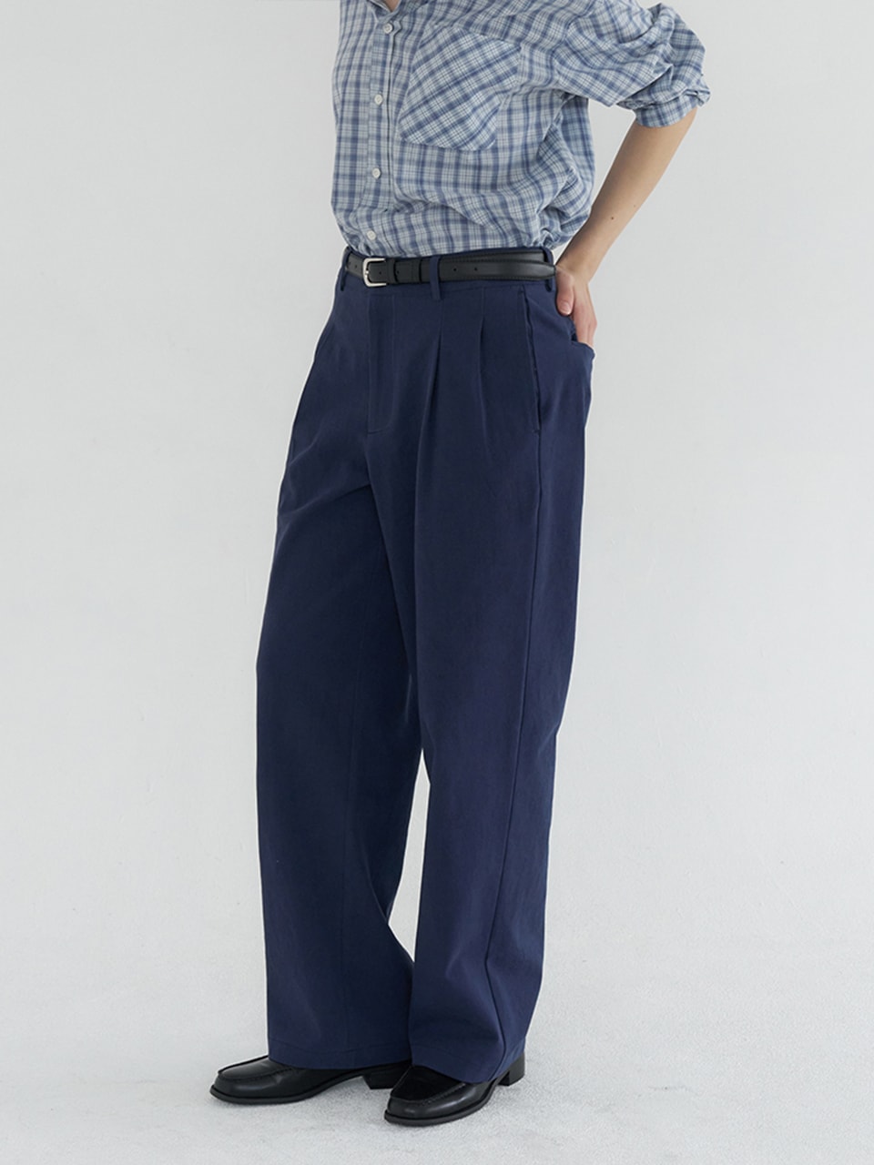 TUCK DETAIL WIDE COTTON PANTS_NAVY