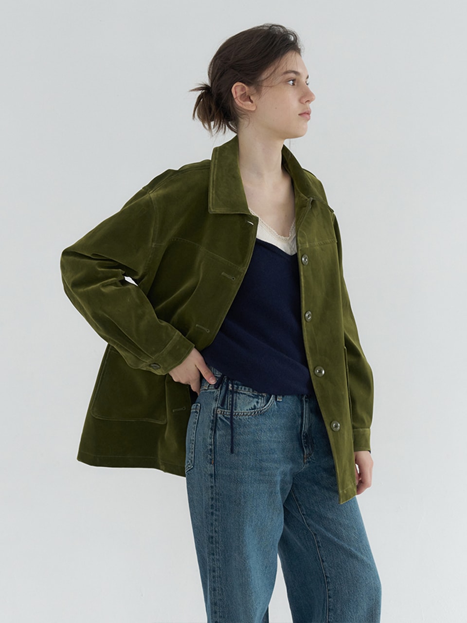 COTTON VELVET POCKET POINT HALF COAT_KHAKI