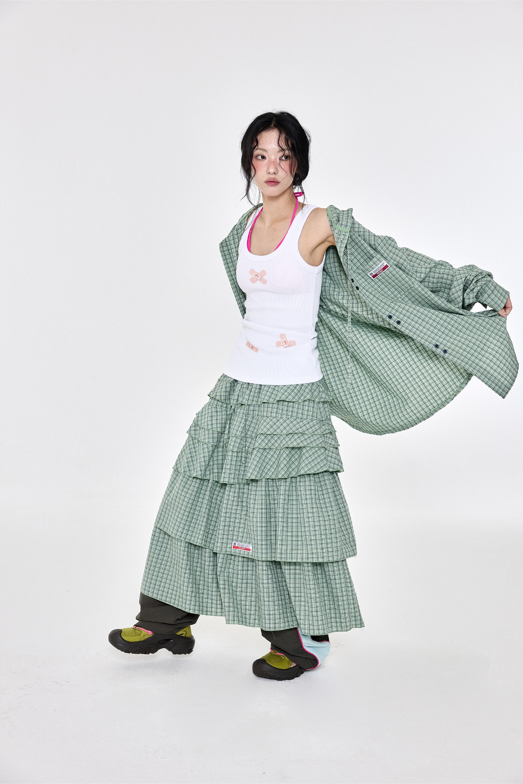 Check Ruffle Skirt Green